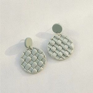 Green Weave Pattern Polymer Round Dangle Earrings